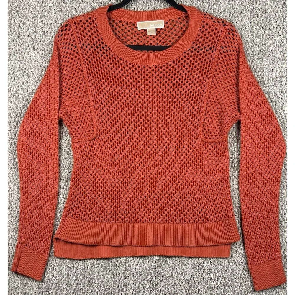 Michael Kors Open Knit Mesh Sweater Coral Orange Long Sleeve M